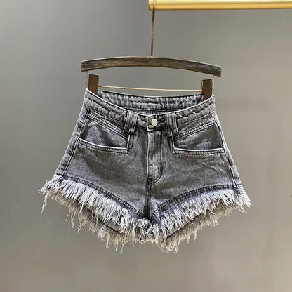 [EWQ] Fashion Green A-line Casual Denim Shorts For Women Streetwear 2024 Summer New Tide Tassel Wide Leg Hot Short Jeans 16Y8995