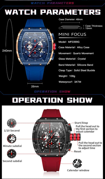 MINI FOCUS Student Tonneau Dial Military Silicone Strap Youth Sport Clock Quartz Watches for Men's Chronograph Wristwatch 0399G