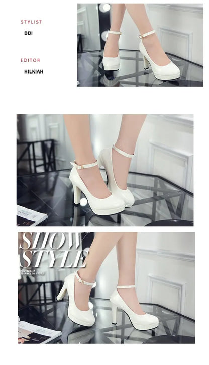 Sexy Ankle Strap 9CM High Heels Patent Leather Round Toe High Heels Female Platform Summer Shoes Women Pumps Platform Sandals