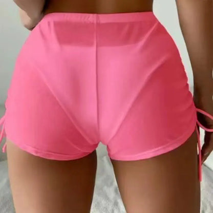 Women Sexy Sheer Mesh Bikini Shorts Summer Beach Transparent Cover Up Beachwear Solid Color High Waist Drawstring Short Pants