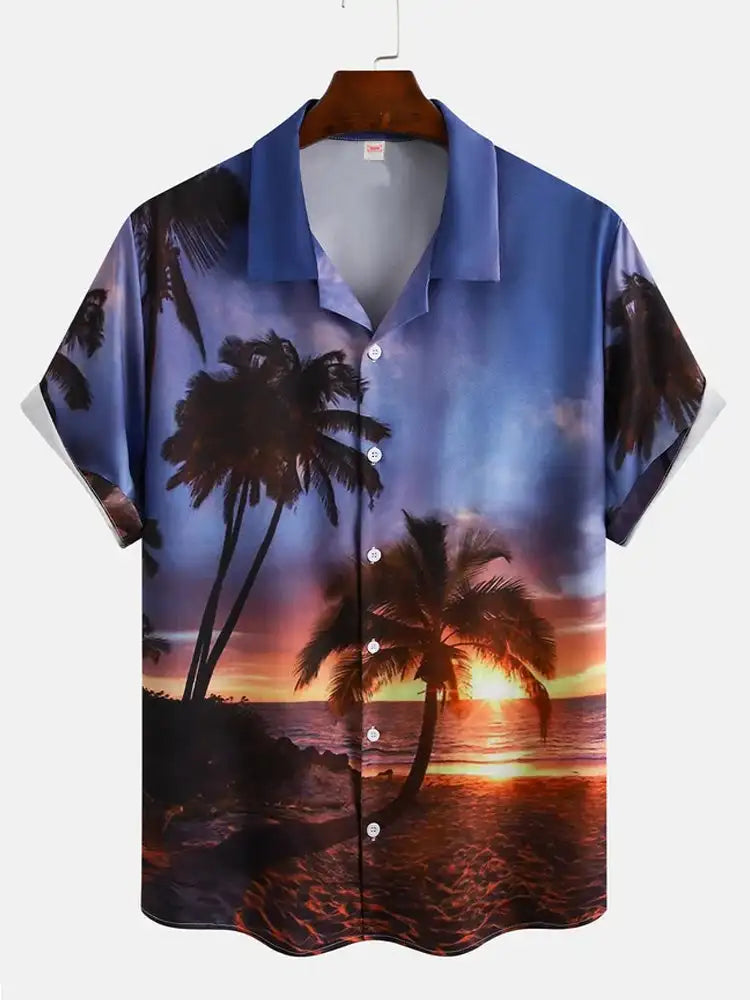 Men's Hawaiian coconut tree pattern shirts Summer beach sunset shirt Men's casual short sleeved shirt Exquisite 3D printed shirt