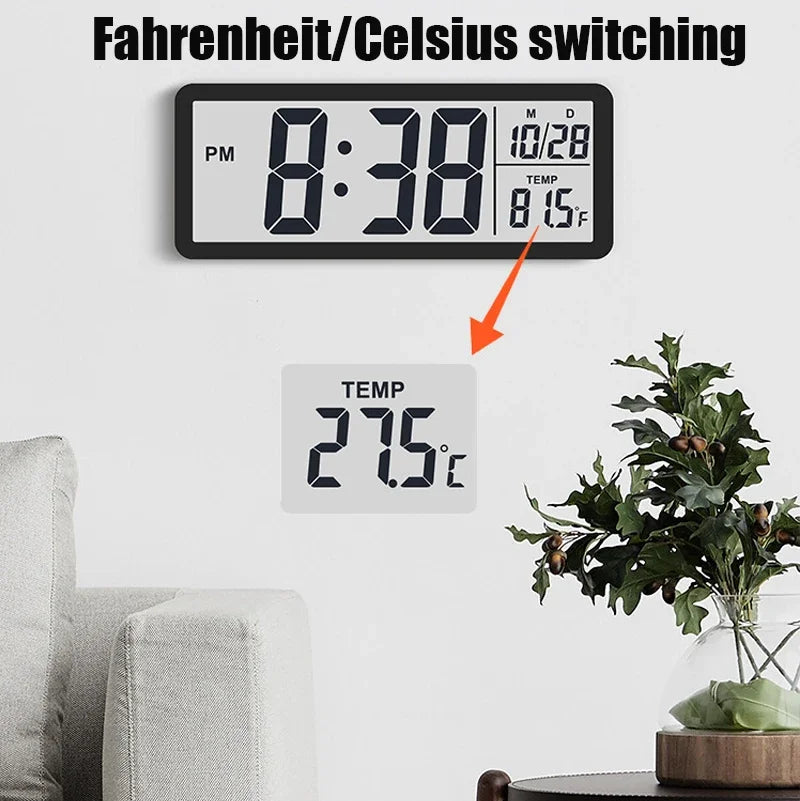 Digital Wall Clock LCD Screen Time Week and Temperature Display Electronic Clock Modern Desktop Alarm Clock Bedroom Home Decor