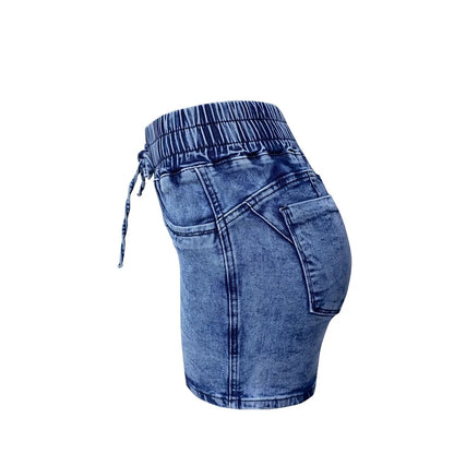 Women Summer Denim Shorts Ladies Elastic Waist Bandage Jeans Skinny Short Pants Feminina