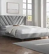 Queen Frame Upholstered Platform Bed With Fabric Headboard, Wing Edge Design/Non-Slip And Noise-Free/Wooden Slats