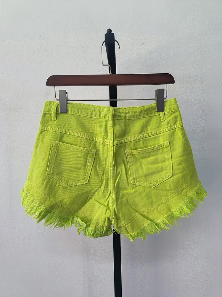 [EWQ] Fashion Green A-line Casual Denim Shorts For Women Streetwear 2024 Summer New Tide Tassel Wide Leg Hot Short Jeans 16Y8995