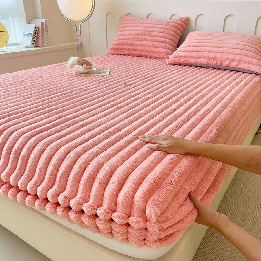 WOSTAR Fluffy rabbit plush elastic fitted sheet mattress protector cover warm winter coral fleece luxury double bed bedsheet 150