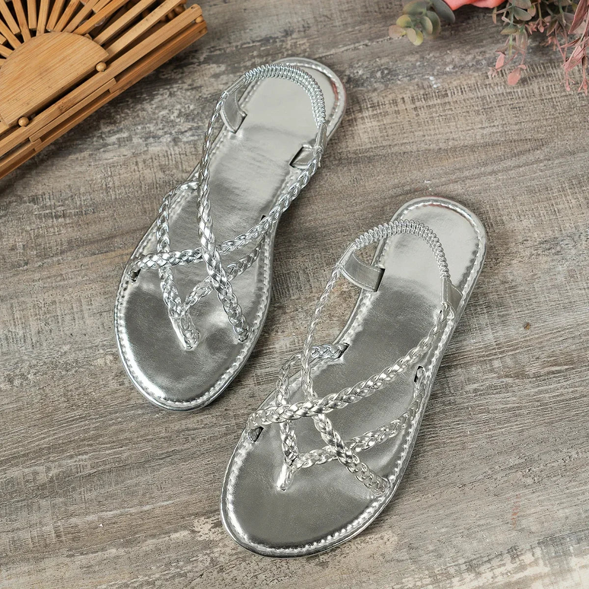 2024 New Fashion Round Toe Shallow Mouth New Thin Strap Braided Sandals Summer Elegant Casual Flat Shoes NO:E2240