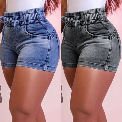 Women Summer Denim Shorts Ladies Elastic Waist Bandage Jeans Skinny Short Pants Feminina