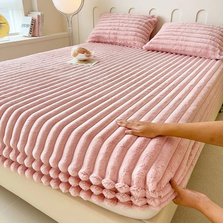 WOSTAR Fluffy rabbit plush elastic fitted sheet mattress protector cover warm winter coral fleece luxury double bed bedsheet 150