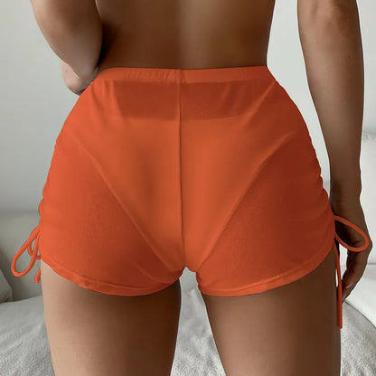 Women Sexy Sheer Mesh Bikini Shorts Summer Beach Transparent Cover Up Beachwear Solid Color High Waist Drawstring Short Pants