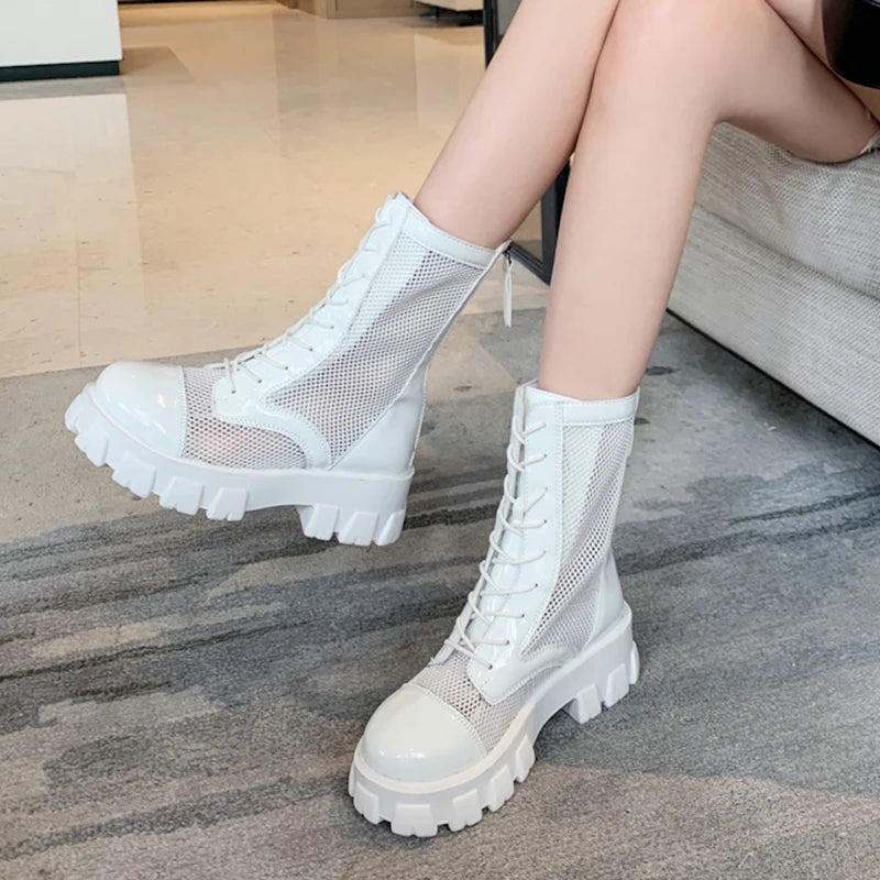 2022 Summer New Platform Ankle Boots For Women Black White Mesh Breathable Sandals Casual Shoes Woman Zip Thick Bottom Booties