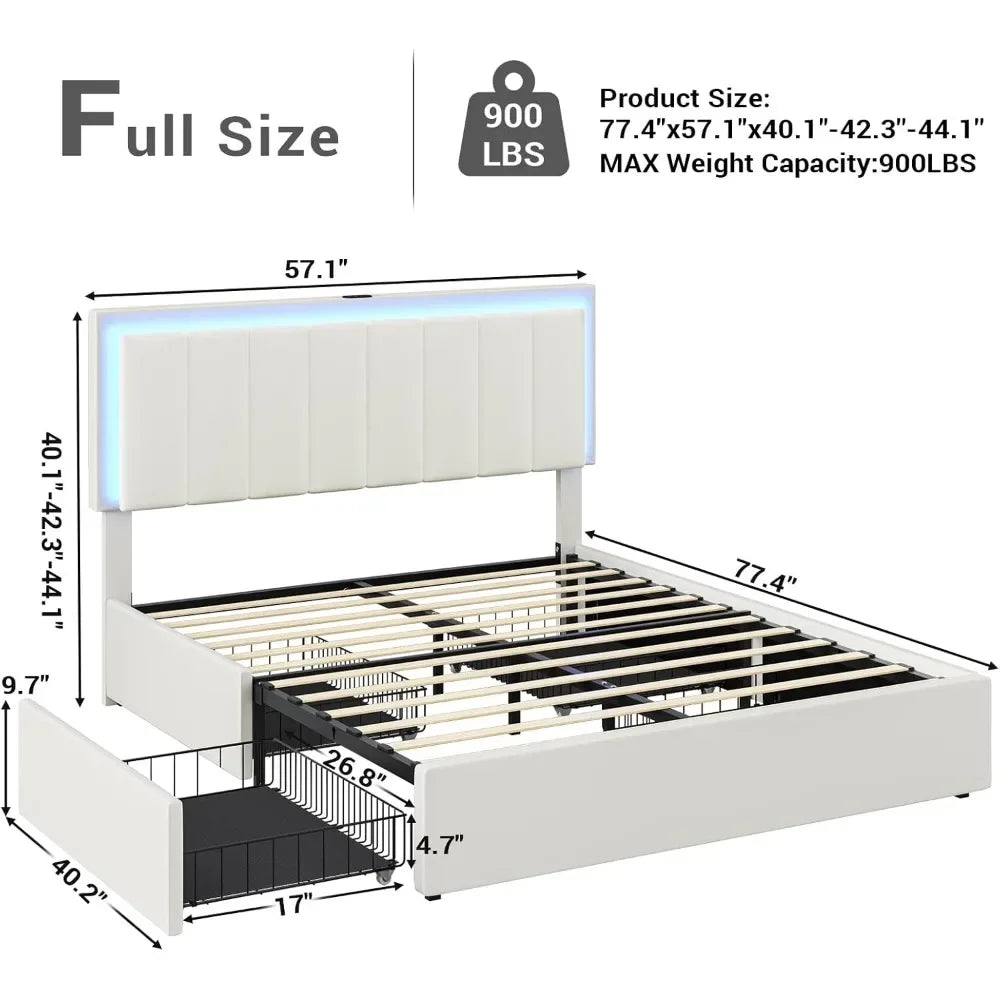 Full Bed Frame with Storage Drawers,LED Light Full Size Platform Bed with Charging Station,Artificial Leathe rUpholstered Bed