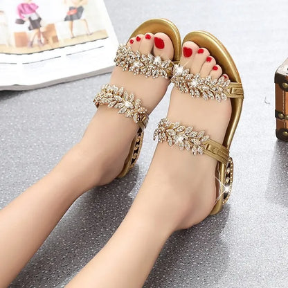 Shiny Crystal Slippers Women Luxury Rhinestone Med Heels Sandals Woman Bohemian Gold Strange Heel Flip Flops Summer Shoes