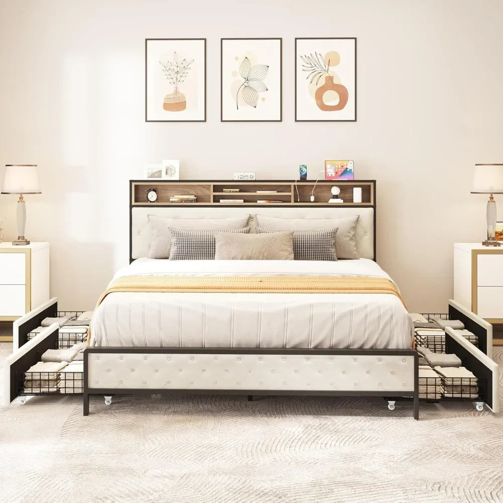 King Size Bed Frame with 4 Storage Drawers, Platform Bed Frame with USB Charging Station and Upholstered Headboard