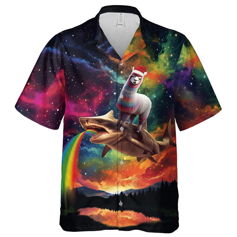 Fashion Hip Hop Alpaca Graphic Shirts For Men Clothes Galaxy Llama Short Sleeve Funny Animal Sheep Lapel Blouse Button Boy Tops