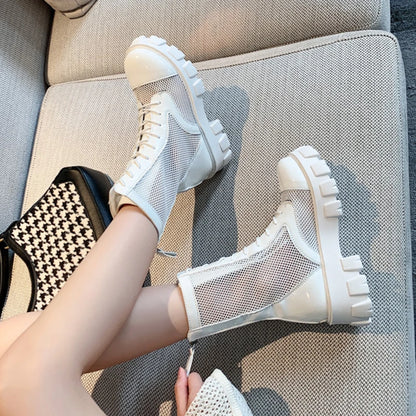 2022 Summer New Platform Ankle Boots For Women Black White Mesh Breathable Sandals Casual Shoes Woman Zip Thick Bottom Booties