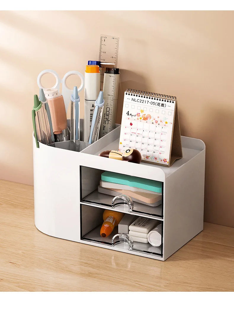 Simple Pen Holder With Drawer Multifunction Desktop Organizer Stationery Storage Box Student Office Desk Decorations