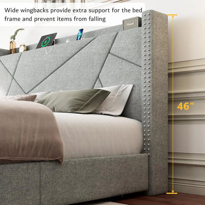 Storage Bed Frame with 4 Drawers, Upholstered Bed Frame with Minimalist Wingback Headboard and Charging Station