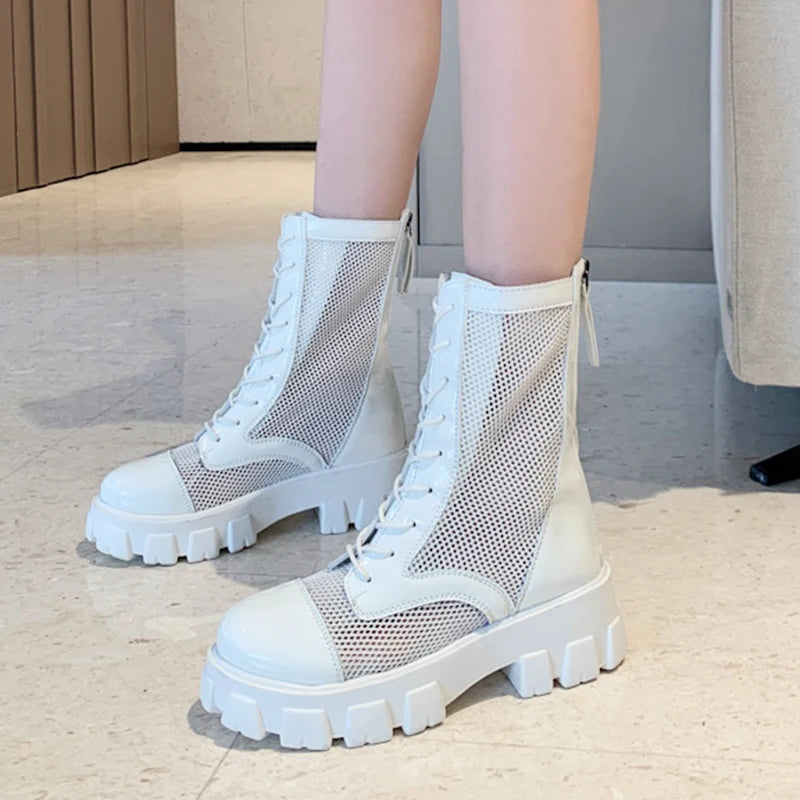 2022 Summer New Platform Ankle Boots For Women Black White Mesh Breathable Sandals Casual Shoes Woman Zip Thick Bottom Booties