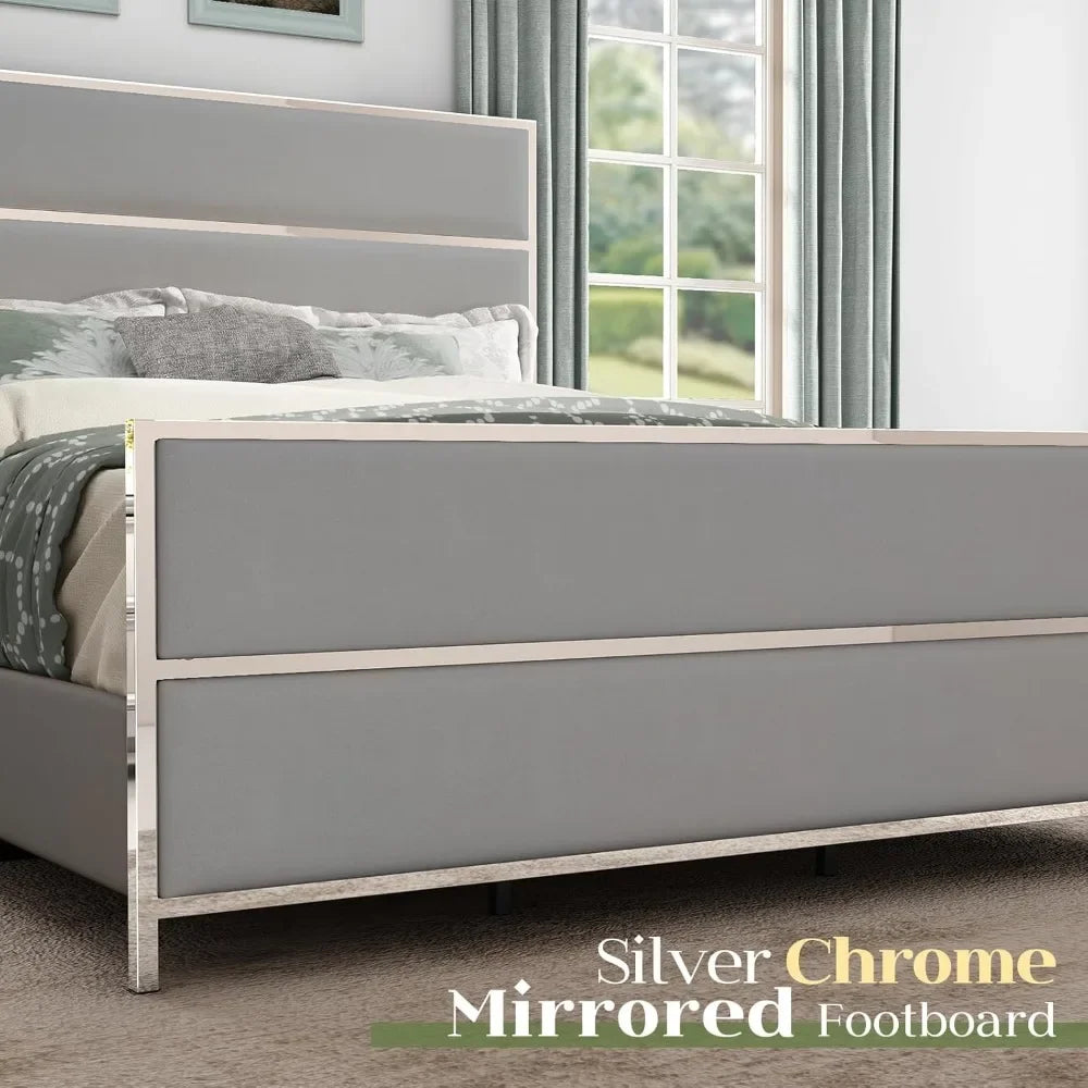 Queen Size Bed Frame with 59" Tall Headboard, Velvet Upholstered Platform Bed with Channel Tufted and Silver Trim Footboard