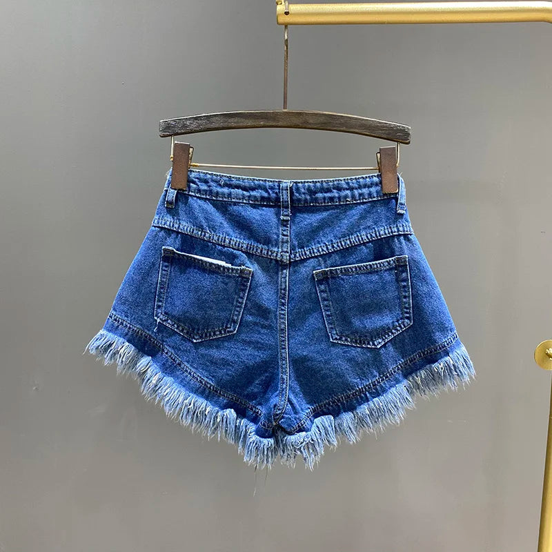 [EWQ] Fashion Green A-line Casual Denim Shorts For Women Streetwear 2024 Summer New Tide Tassel Wide Leg Hot Short Jeans 16Y8995