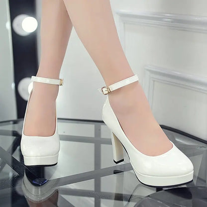 Sexy Ankle Strap 9CM High Heels Patent Leather Round Toe High Heels Female Platform Summer Shoes Women Pumps Platform Sandals