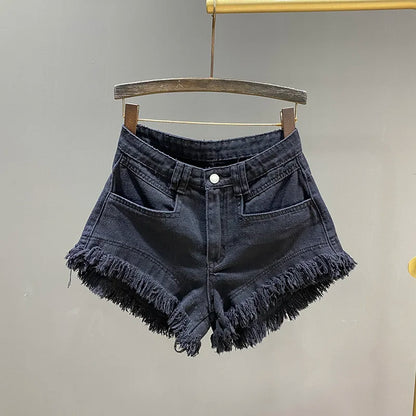 [EWQ] Fashion Green A-line Casual Denim Shorts For Women Streetwear 2024 Summer New Tide Tassel Wide Leg Hot Short Jeans 16Y8995