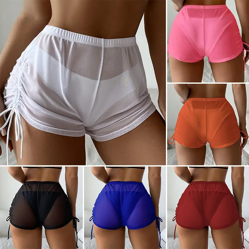 Women Sexy Sheer Mesh Bikini Shorts Summer Beach Transparent Cover Up Beachwear Solid Color High Waist Drawstring Short Pants