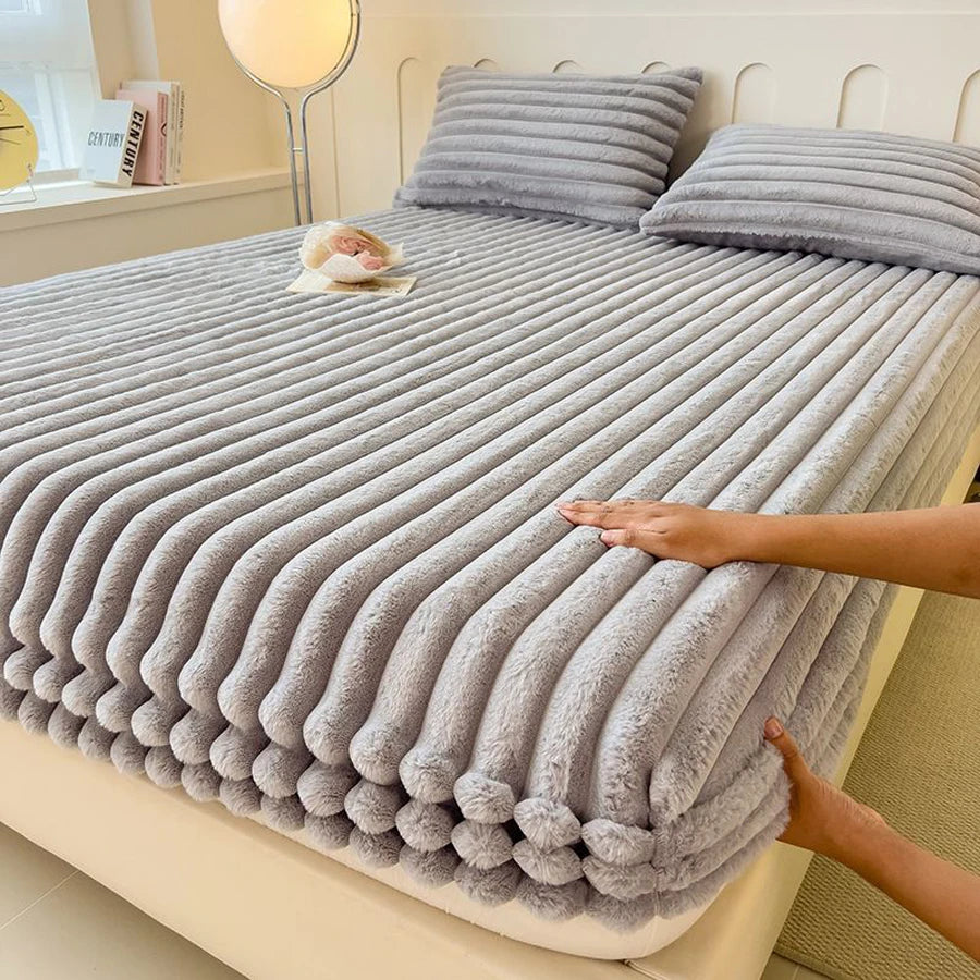 WOSTAR Fluffy rabbit plush elastic fitted sheet mattress protector cover warm winter coral fleece luxury double bed bedsheet 150