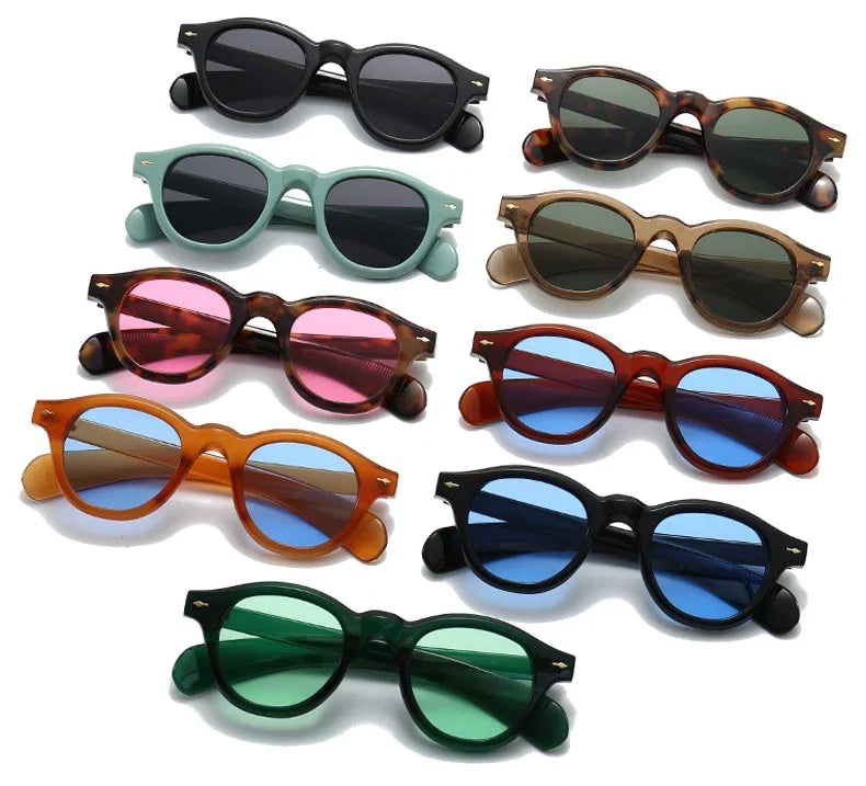 LNFCXI Wholesale Vintage Oval Sunglasses Women Fashion Clear Ocean Lens Shades UV400 Men Trending Rivets Round Sun Glasses