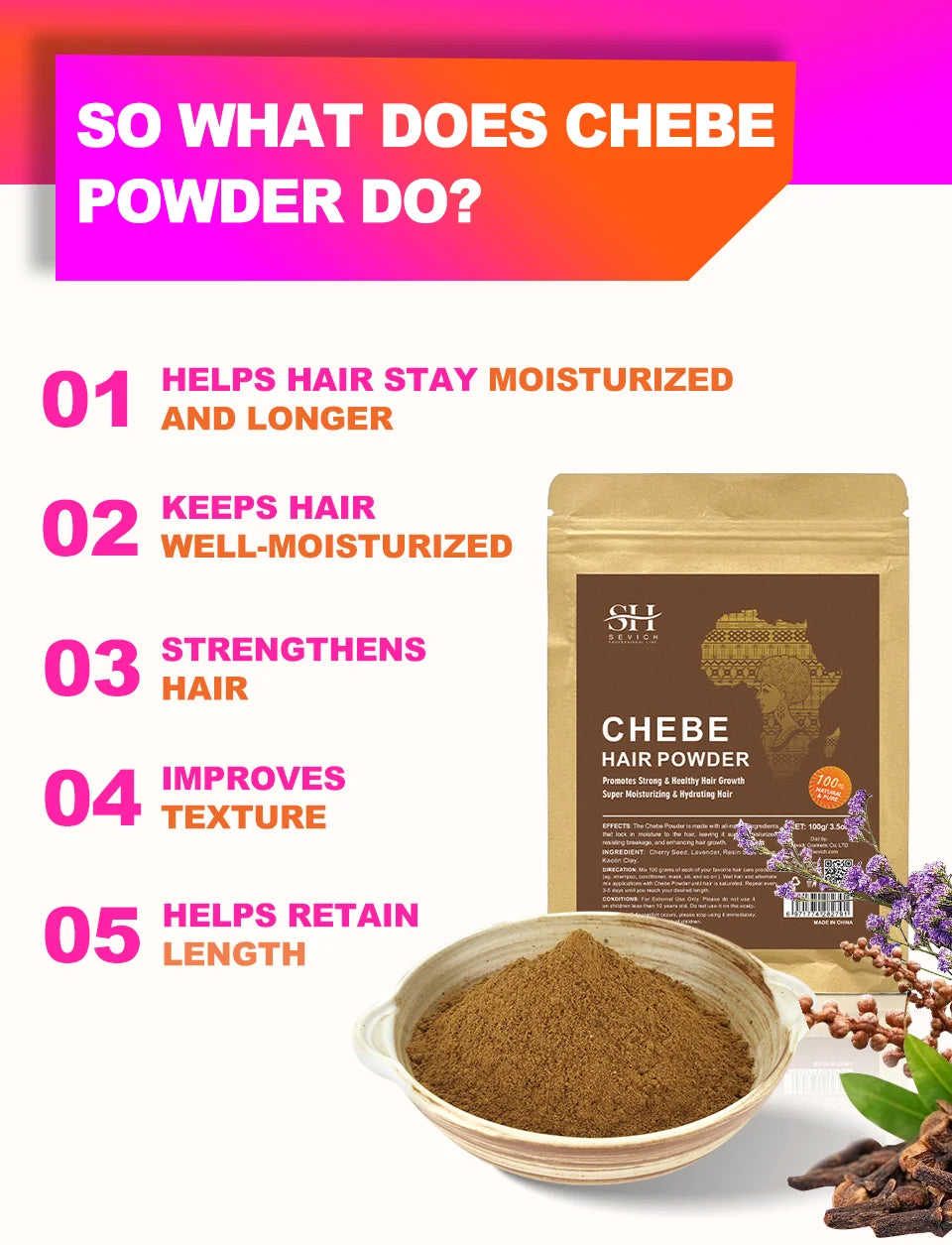 Sevich Hot sale 100g Chebe Powder From Chad 100% Natural Hair Regrowth 2 Month Super Fast Hair Growth Treatment Get Rid of Wigs