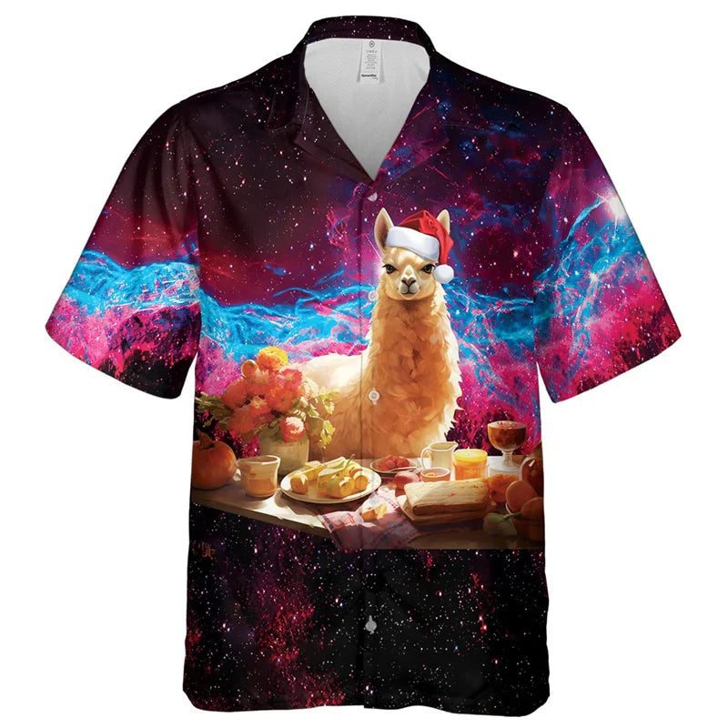 Fashion Hip Hop Alpaca Graphic Shirts For Men Clothes Galaxy Llama Short Sleeve Funny Animal Sheep Lapel Blouse Button Boy Tops