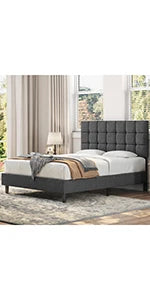 Queen Frame Upholstered Platform Bed With Fabric Headboard, Wing Edge Design/Non-Slip And Noise-Free/Wooden Slats