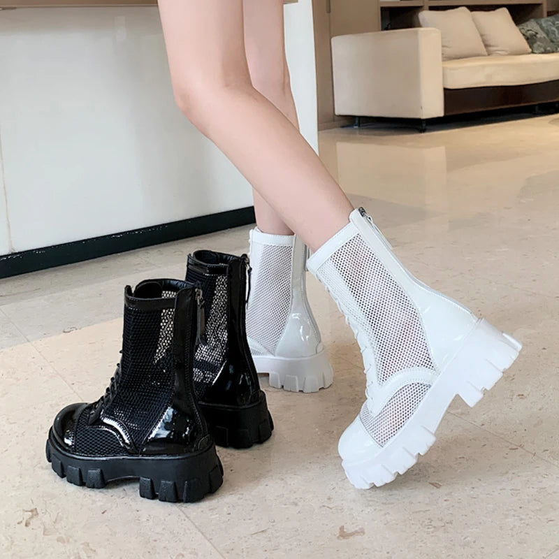 2022 Summer New Platform Ankle Boots For Women Black White Mesh Breathable Sandals Casual Shoes Woman Zip Thick Bottom Booties