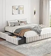 Queen Frame Upholstered Platform Bed With Fabric Headboard, Wing Edge Design/Non-Slip And Noise-Free/Wooden Slats