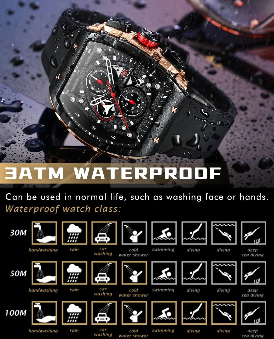 MINI FOCUS Student Tonneau Dial Military Silicone Strap Youth Sport Clock Quartz Watches for Men's Chronograph Wristwatch 0399G