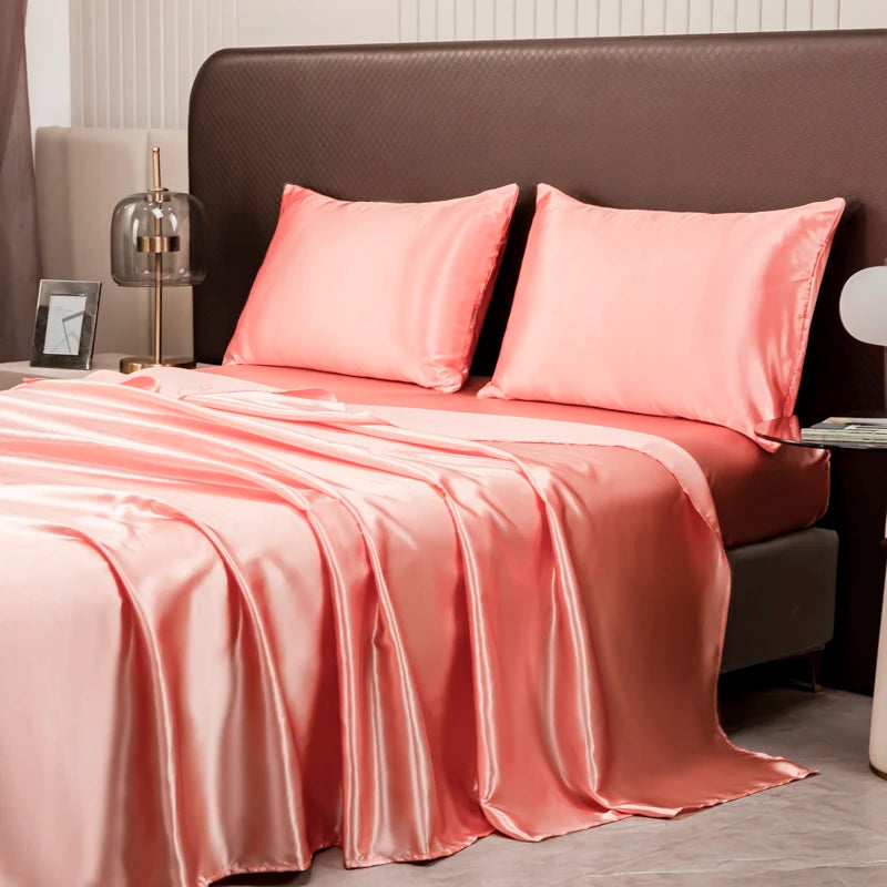 Satin Silk Bed Sheet with Pillowcase Twin/Full/Queen/King Top Sheets Solid Color Flat Bed Sheets Smooth Bed Sheet Sets