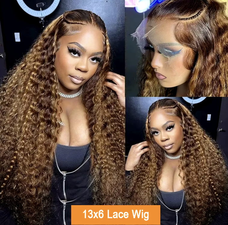 4/27 Highlight Ombre Deep Wave HD Lace Front Wig 200 Density Curly 30 nch 13x5 Brown 13x6 Lace Frontal Human Hair Wig Brazilian