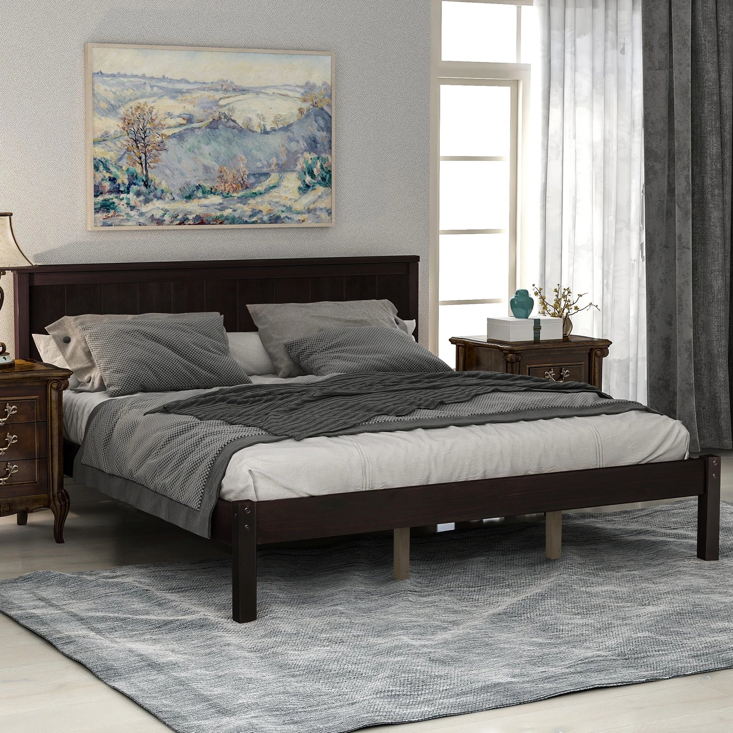 Twin/Full/Queen Platform Bed Frame with Headboard  Wood Slat Support Bedroom Furniture