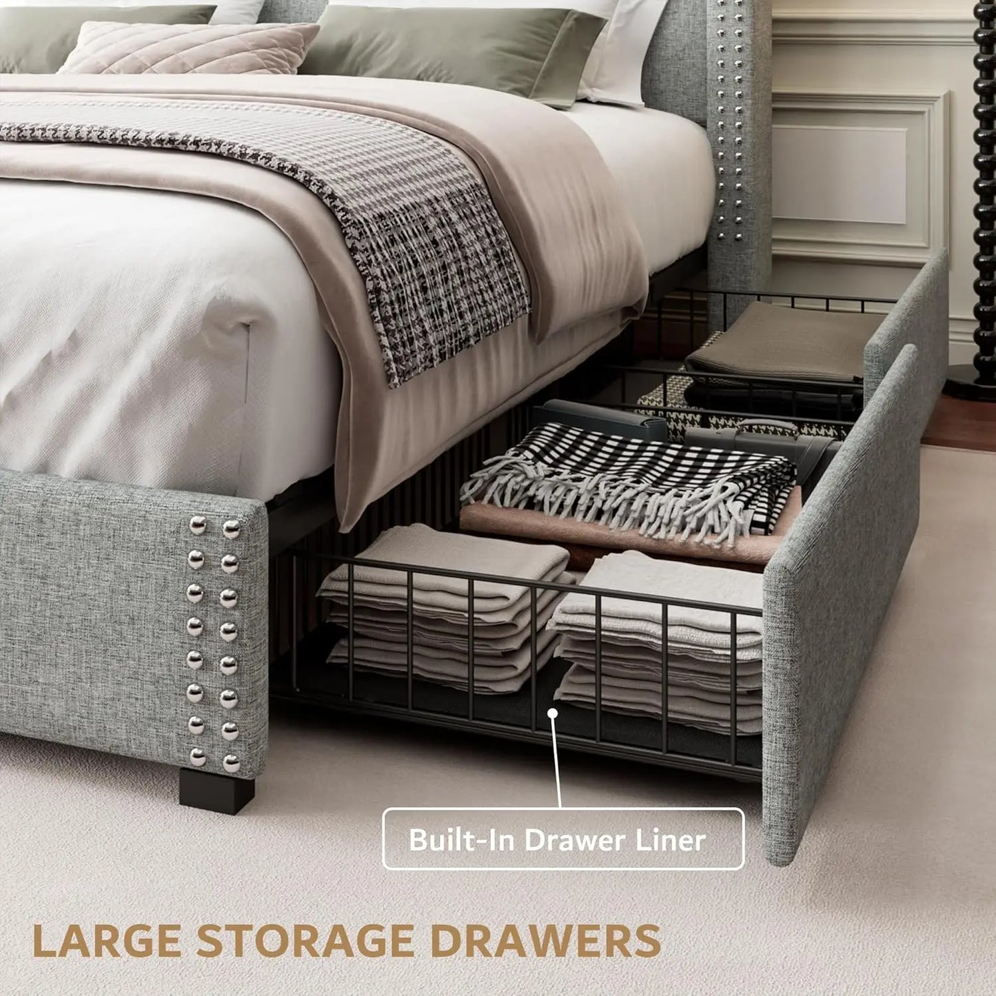 Storage Bed Frame with 4 Drawers, Upholstered Bed Frame with Minimalist Wingback Headboard and Charging Station