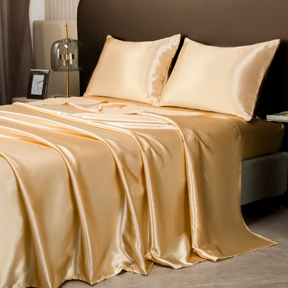 Satin Silk Bed Sheet with Pillowcase Twin/Full/Queen/King Top Sheets Solid Color Flat Bed Sheets Smooth Bed Sheet Sets