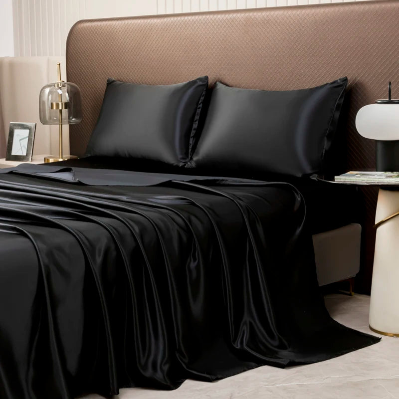 Satin Silk Bed Sheet with Pillowcase Twin/Full/Queen/King Top Sheets Solid Color Flat Bed Sheets Smooth Bed Sheet Sets