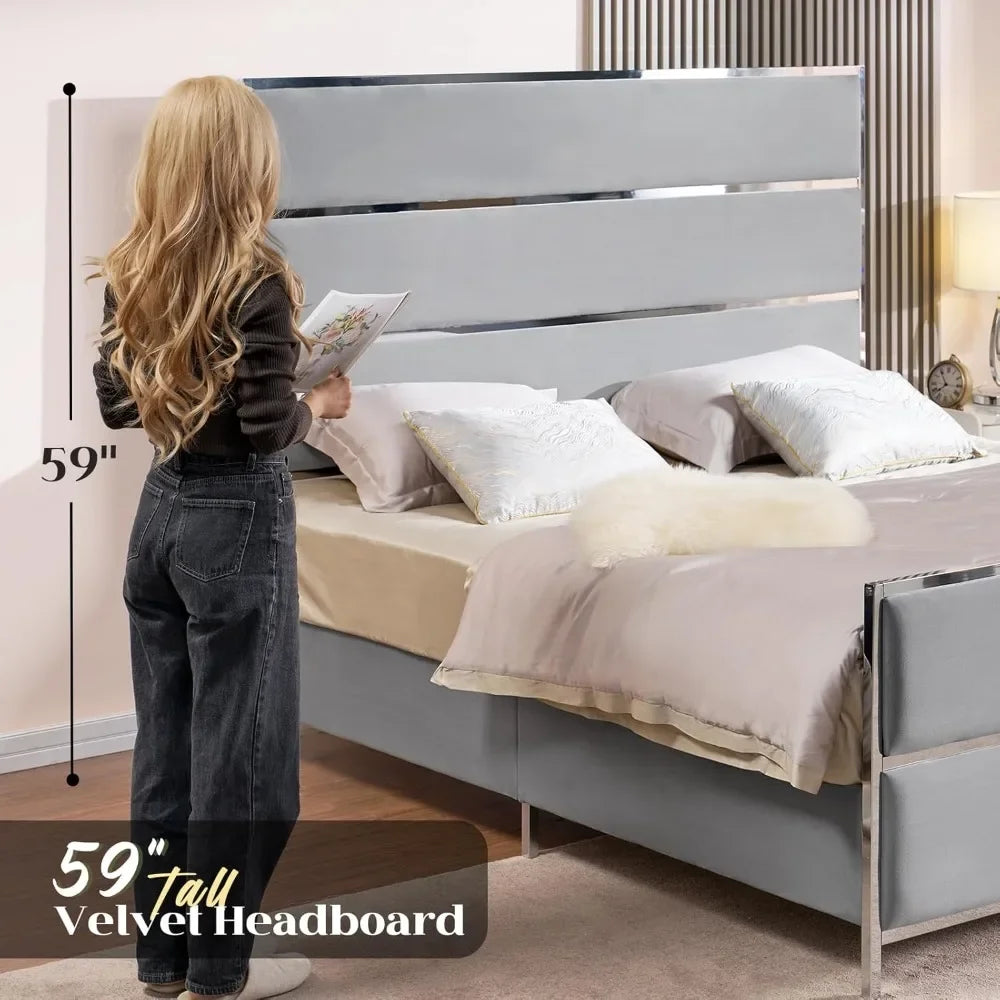 Queen Size Bed Frame with 59" Tall Headboard, Velvet Upholstered Platform Bed with Channel Tufted and Silver Trim Footboard