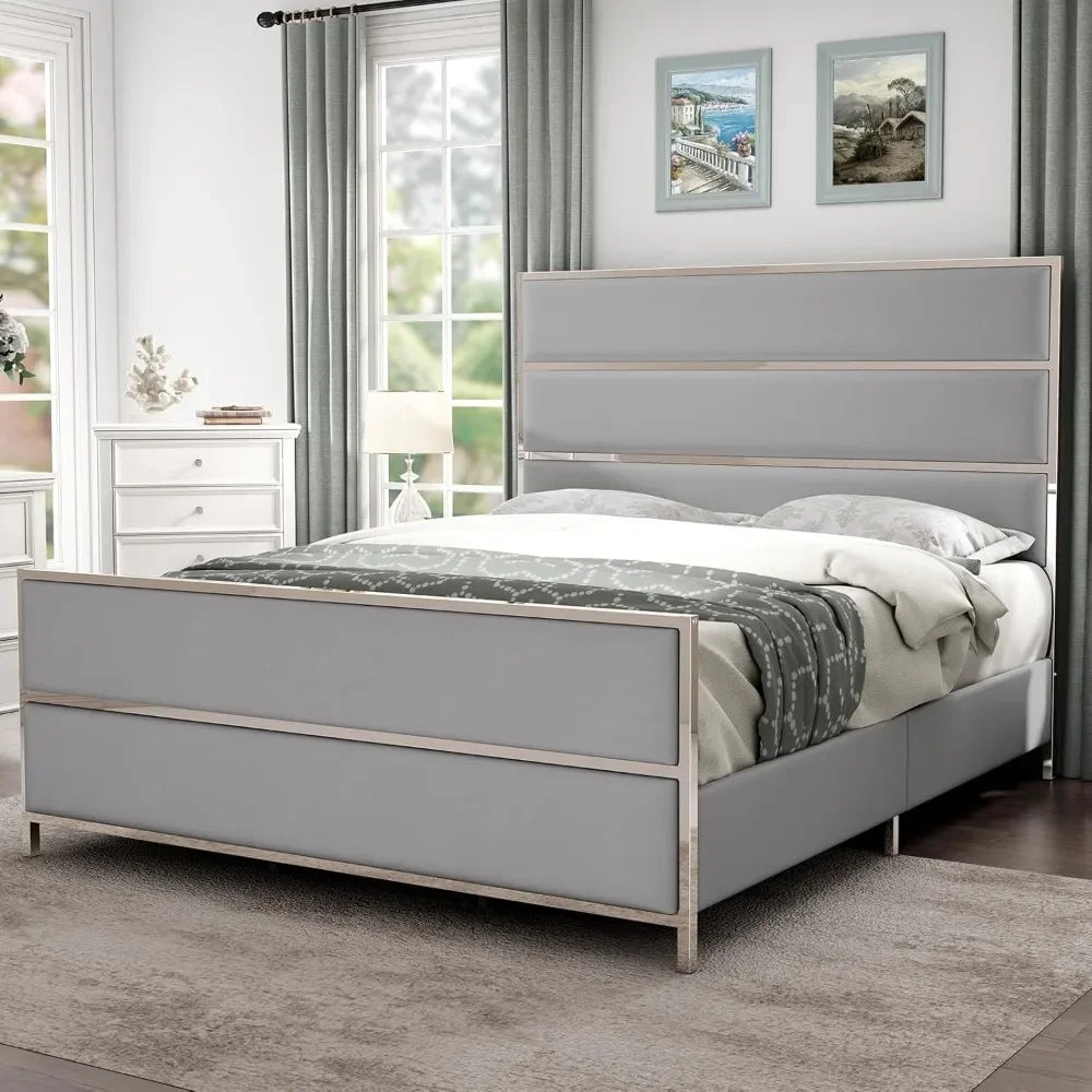 Queen Size Bed Frame with 59" Tall Headboard, Velvet Upholstered Platform Bed with Channel Tufted and Silver Trim Footboard