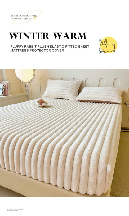 WOSTAR Fluffy rabbit plush elastic fitted sheet mattress protector cover warm winter coral fleece luxury double bed bedsheet 150