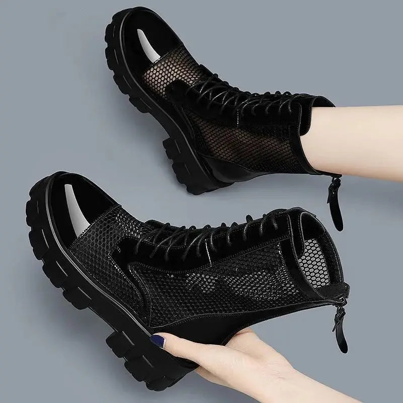 2022 Summer New Platform Ankle Boots For Women Black White Mesh Breathable Sandals Casual Shoes Woman Zip Thick Bottom Booties