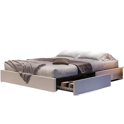 Full Bed Frame with Storage Drawers,LED Light Full Size Platform Bed with Charging Station,Artificial Leathe rUpholstered Bed