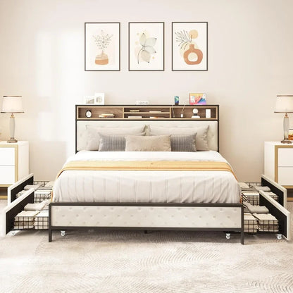 King Size Bed Frame with 4 Storage Drawers, Platform Bed Frame with USB Charging Station and Upholstered Headboard