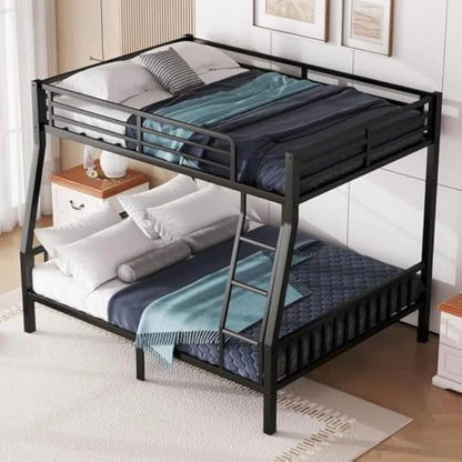 Over Queen Bunk Beds for Adults, Heavy-Duty Metal Bunk Bed Frame with PVC Rubber Cover Ladders and Safety Full-length Guardrails