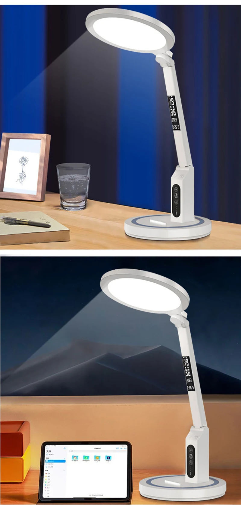 LED Clock Table Lamp USB Chargeable Dimmable Desk Lamp Plug-in LED Light Foldable Eye Protection Reading Night Light